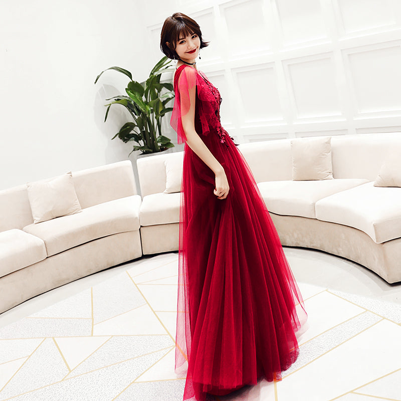 Burgundy v neck tulle lace long prom dress, evening dress  8029