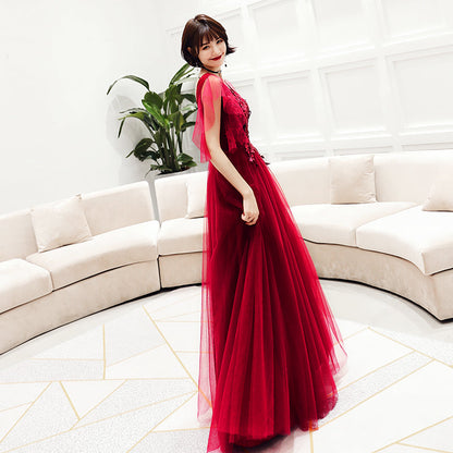 Burgundy v neck tulle lace long prom dress, evening dress  8029