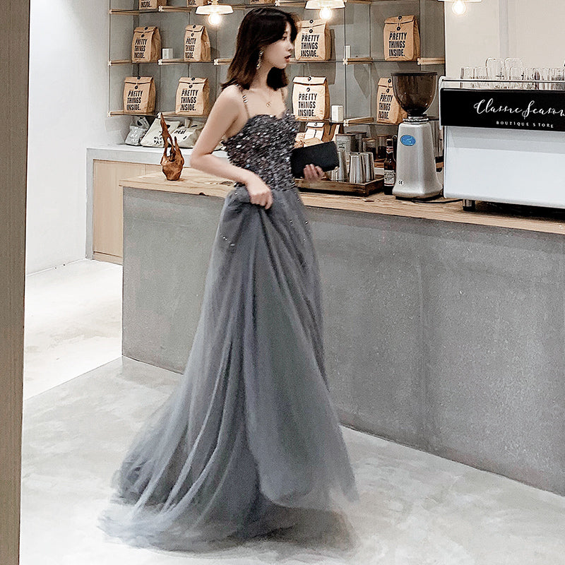 Gray sweetheart neck tulle beads long prom dress, evening dress  8064