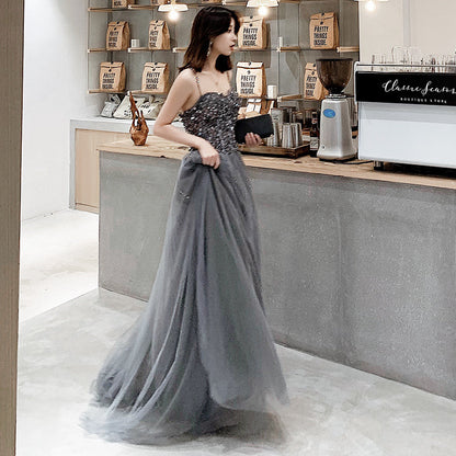 Gray sweetheart neck tulle beads long prom dress, evening dress  8064