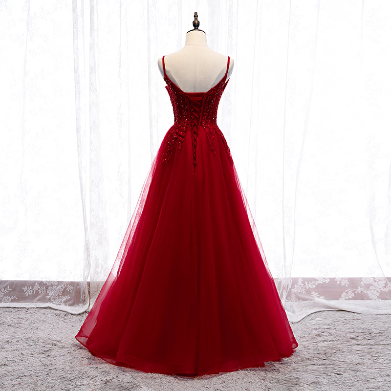 Burgundy tulle lace long prom dress  8316