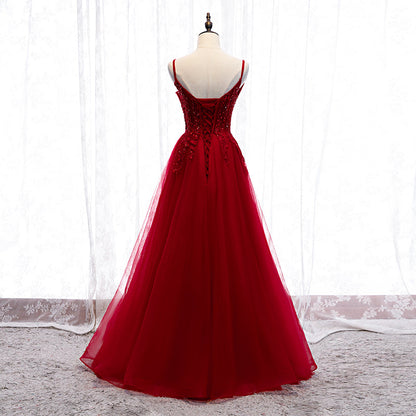 Burgundy tulle lace long prom dress  8316