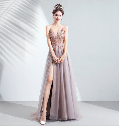 Stylish v neck tulle beads long prom dress formal dress  8225