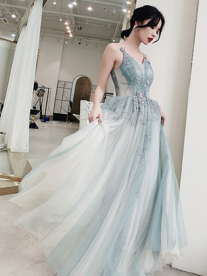 Stylish blue v neck tulle long prom dress, evening dress  8093