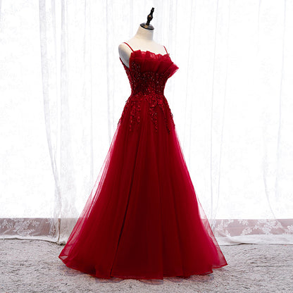 Burgundy tulle lace long prom dress  8316
