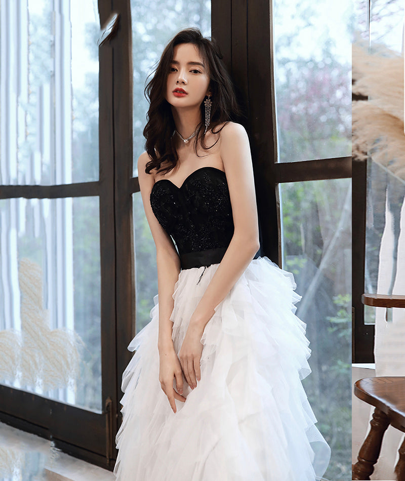 Stylish black and withe tulle long prom dress evening dress  8386