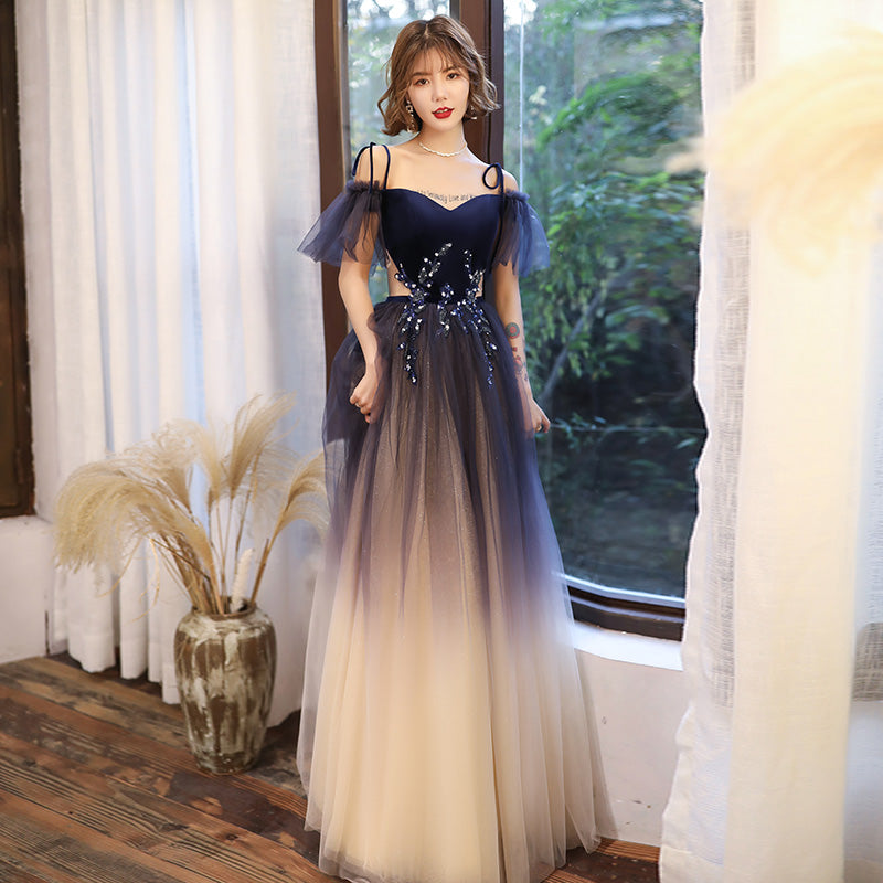 Blue tulle velvet long prom dress  8195