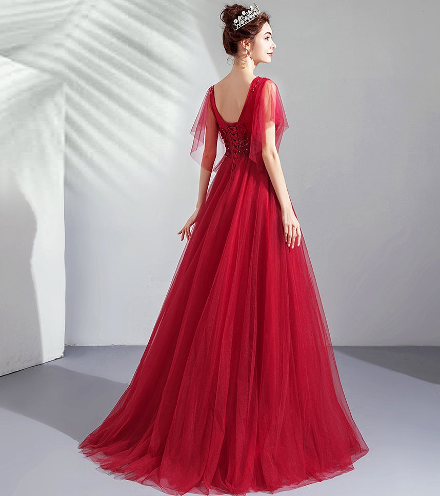 Burgundy tulle lace long prom dress evening dress  8256