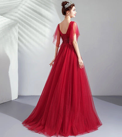 Burgundy tulle lace long prom dress evening dress  8256