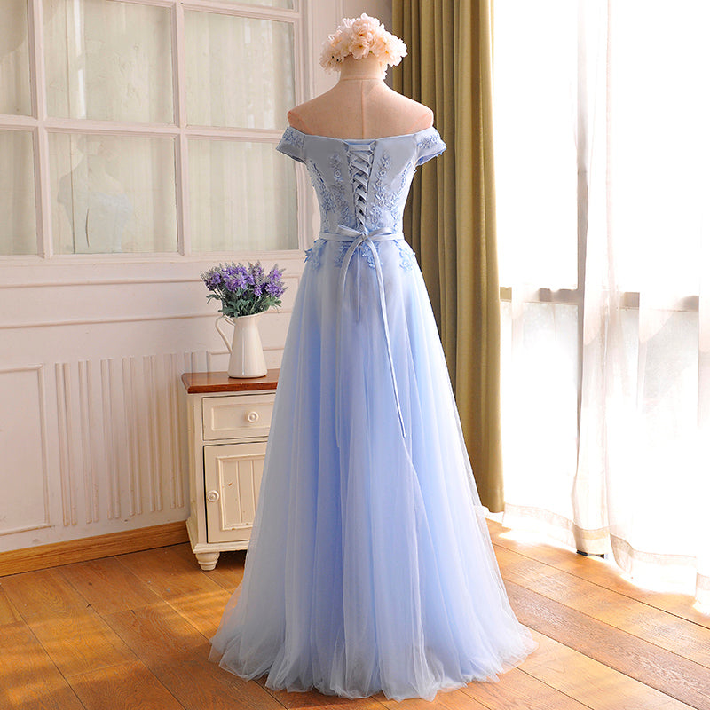 Blue tulle lace long prom dress, blue evening dress  8012