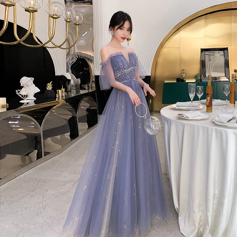 Stylish blue tulle long prom dress, blue evening dress  8098