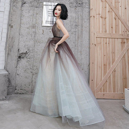 Unique v neck tulle long prom dress  8162