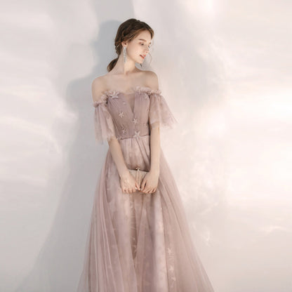 Light pink tulle long prom gown  8170