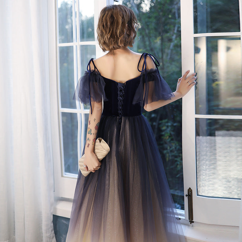 Blue tulle velvet long prom dress  8195