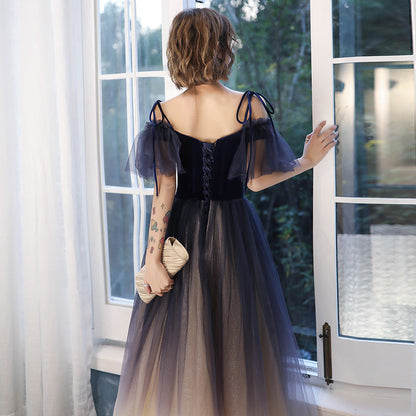 Blue tulle velvet long prom dress  8195