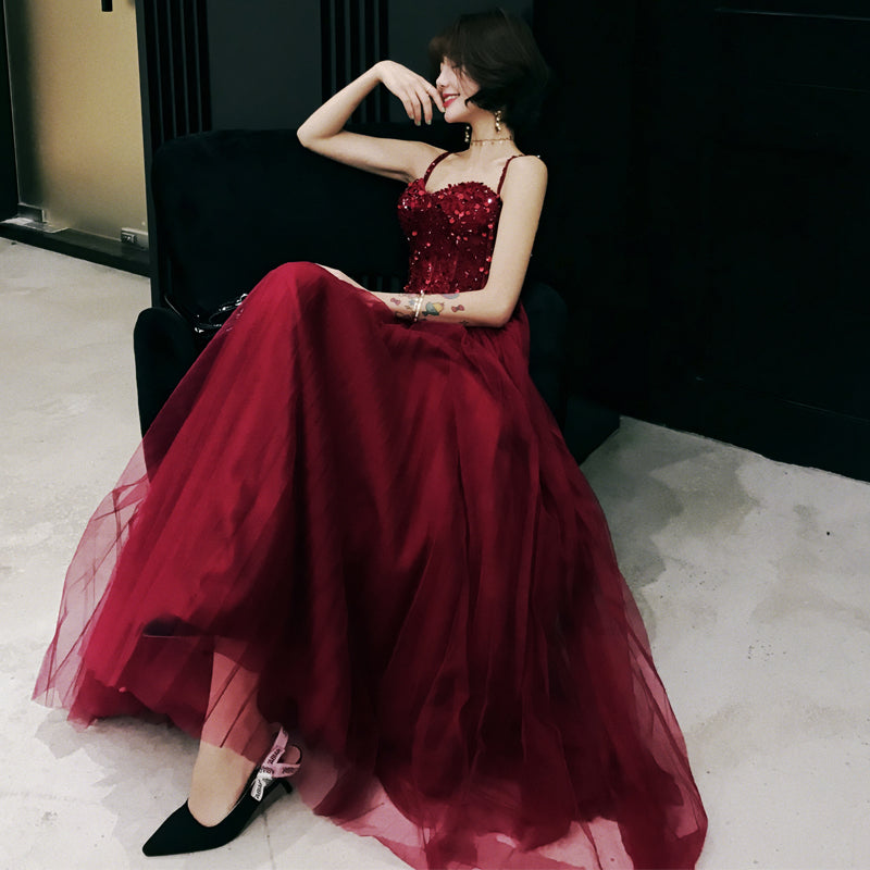 Burgundy sweetheart neck tulle long prom dress, evening dress  7971