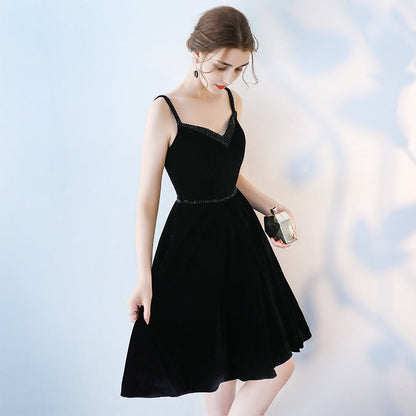 Black v neck velvet short prom dress, black evening dress  7833