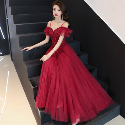 Burgundy tulle lace long prom dress, burgundy evening dress  7967