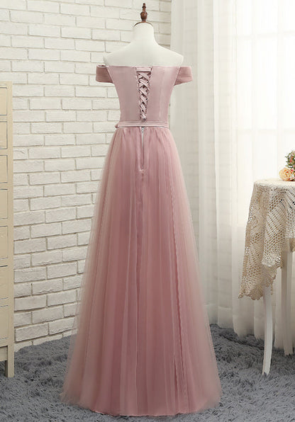 Pink tulle off shoulder A line long prom dress, pink evening dresses  7795