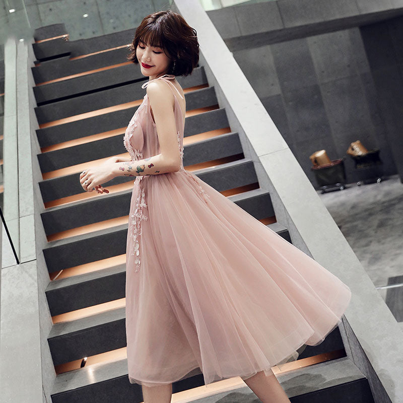 Pink v neck tulle lace short prom dress, evening dress  7987