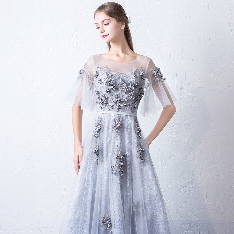 Gray round neck tulle lace long prom dress, evening dress  7942