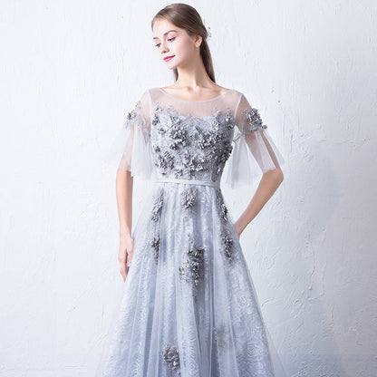 Gray round neck tulle lace long prom dress, evening dress  7942