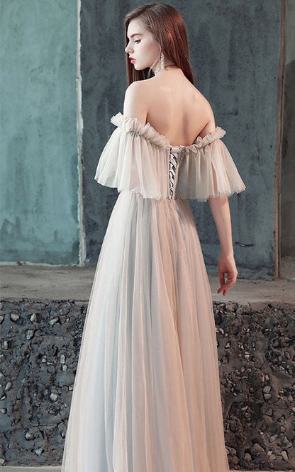 Stylish tulle off shoulder long prom dress, evening dress  7861