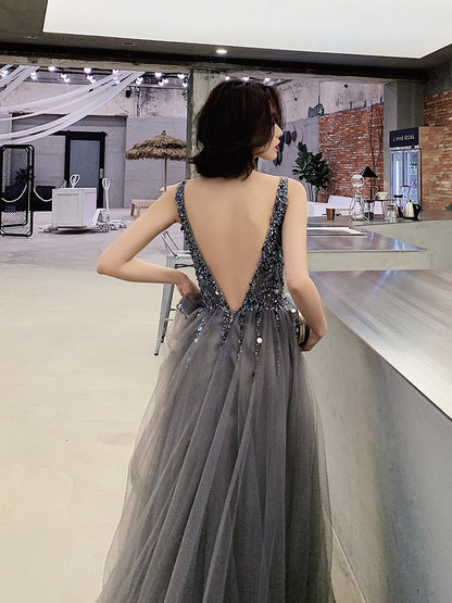 Dark gray v neck tulle long prom dress, evening dress  8057