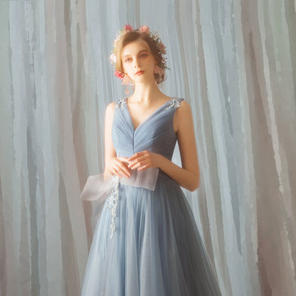 Blue v neck tulle lace long prom dress, blue evening dress  7848