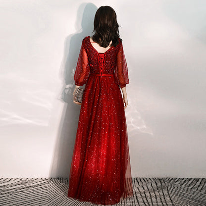 Burgundy lace long prom dress formal dress  8293