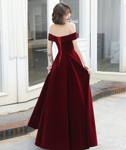 Burgundy velvet long prom dress evening dress  8406
