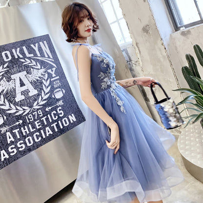 Cute blue v neck tulle applique short prom dress, homecoming dress  8048