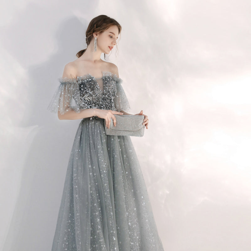 Gray tulle sequins long prom gown  8169