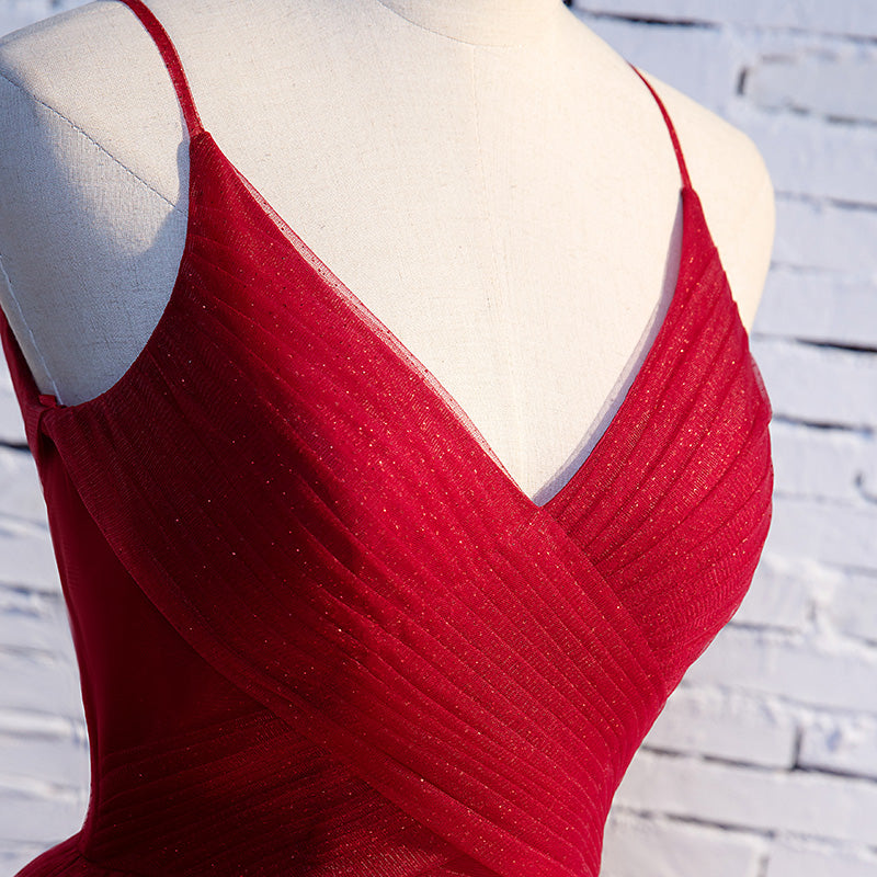 Burgundy v neck tulle long prom dress, evening dress  7985