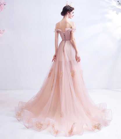 Pink tulle long A line prom dress pink evening dress  10129
