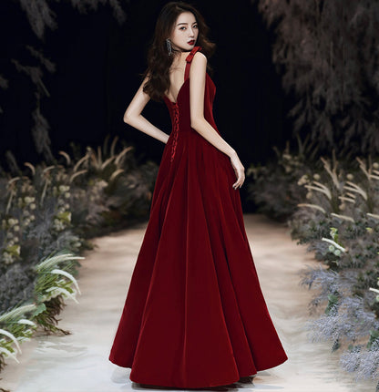 Red velvet long prom dress Simple evening gown  10115