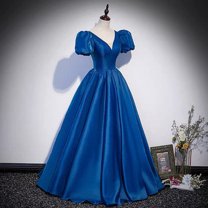 Blue saitn long prom dress A line evening gown  10102