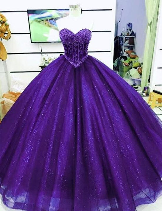 Prom Gown EveningPurple Gorgeous Shiny Exquisite Floral Delicate Beading Long Tulle Gown Party Dress gh3583