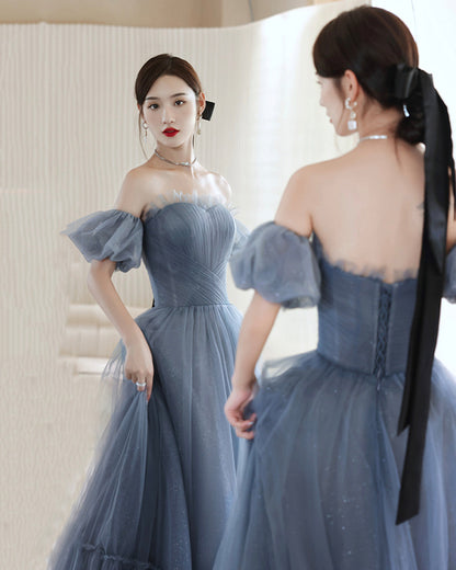 Blue tulle long A line prom dress blue evening dress  8903