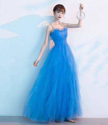 Blue tulle long A line prom dress blue evening dress  8904