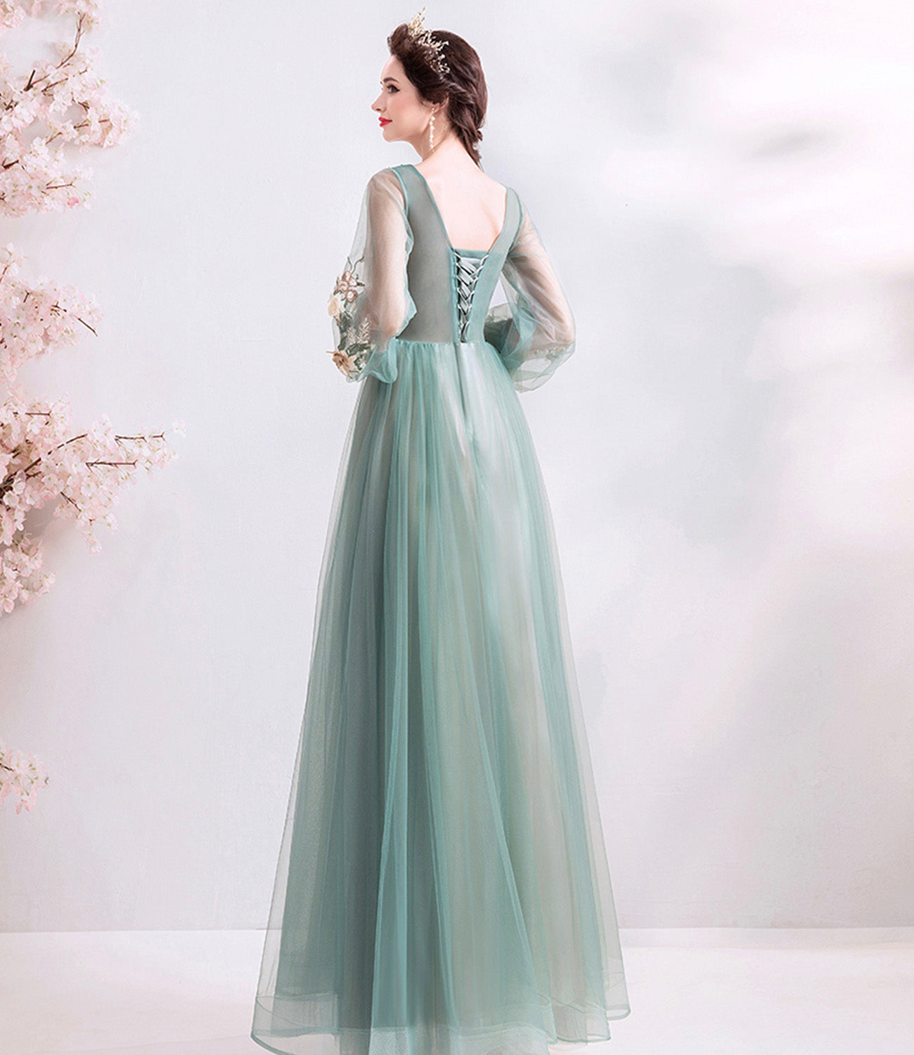 Green tulle lace long A line prom dress evening dress  8925