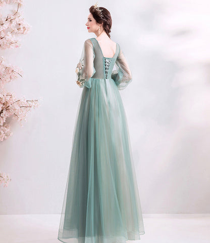 Green tulle lace long A line prom dress evening dress  8925