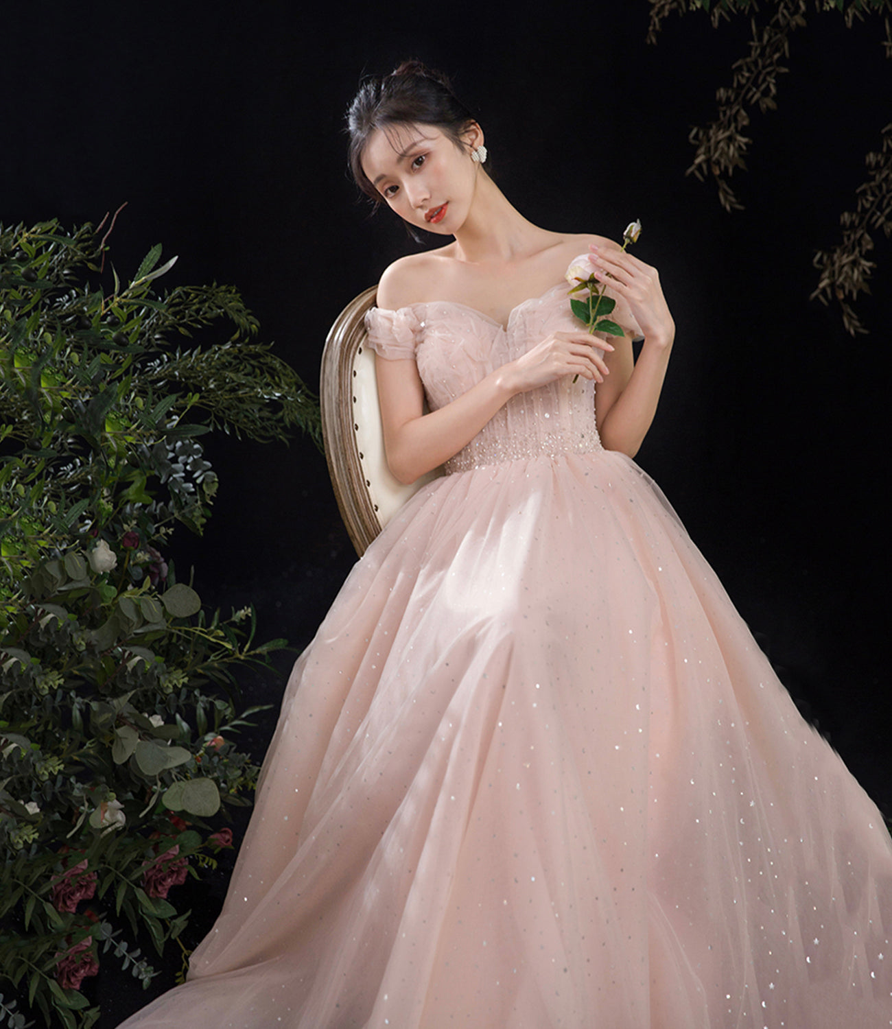 Pink tulle long A line prom dress pink evening dress  8891