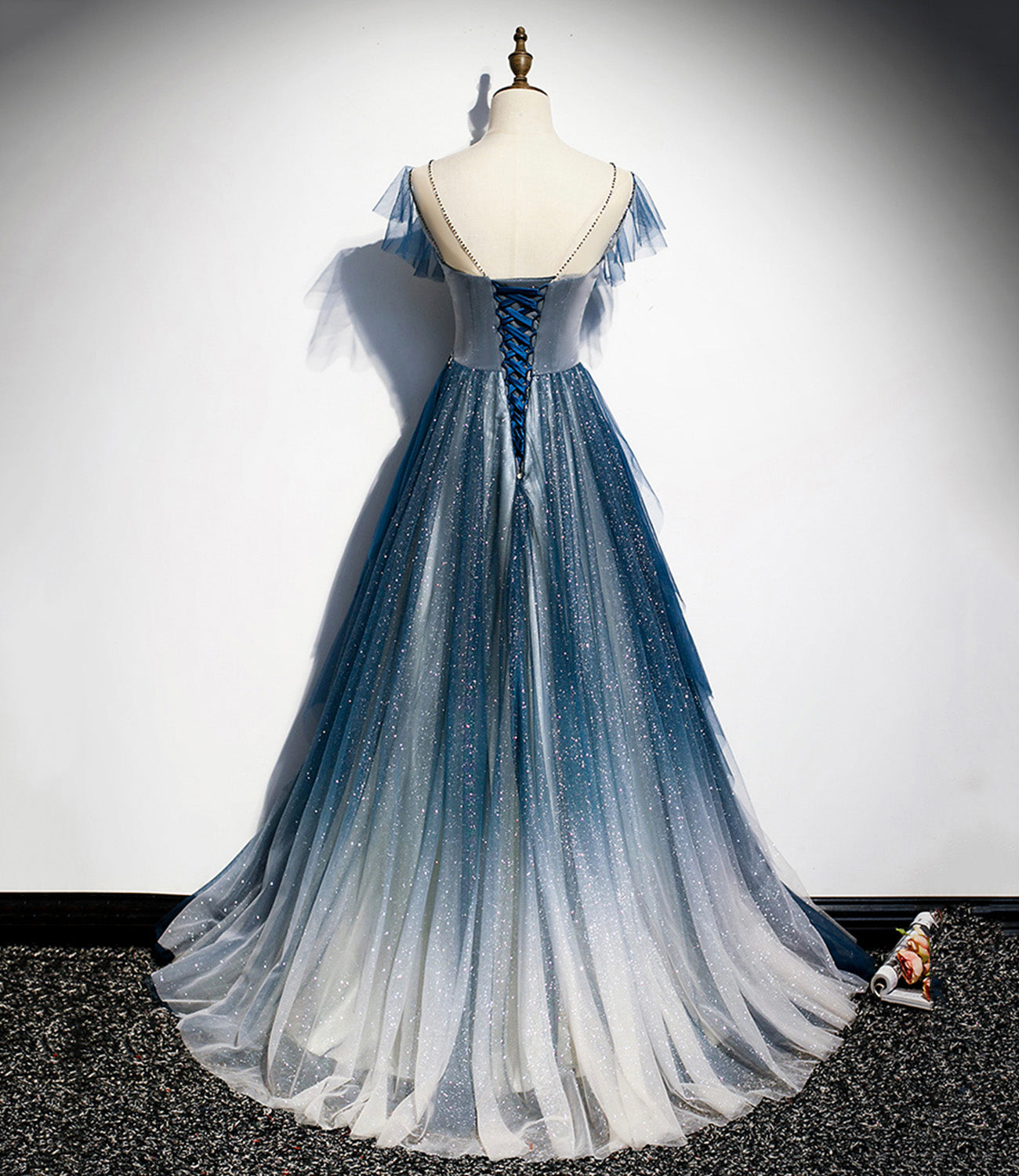 Blue tulle long A line prom dress blue evening dress  8928