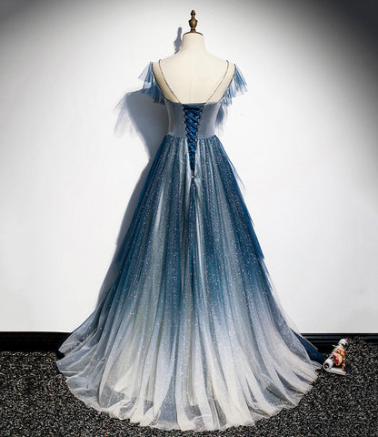 Blue tulle long A line prom dress blue evening dress  8928