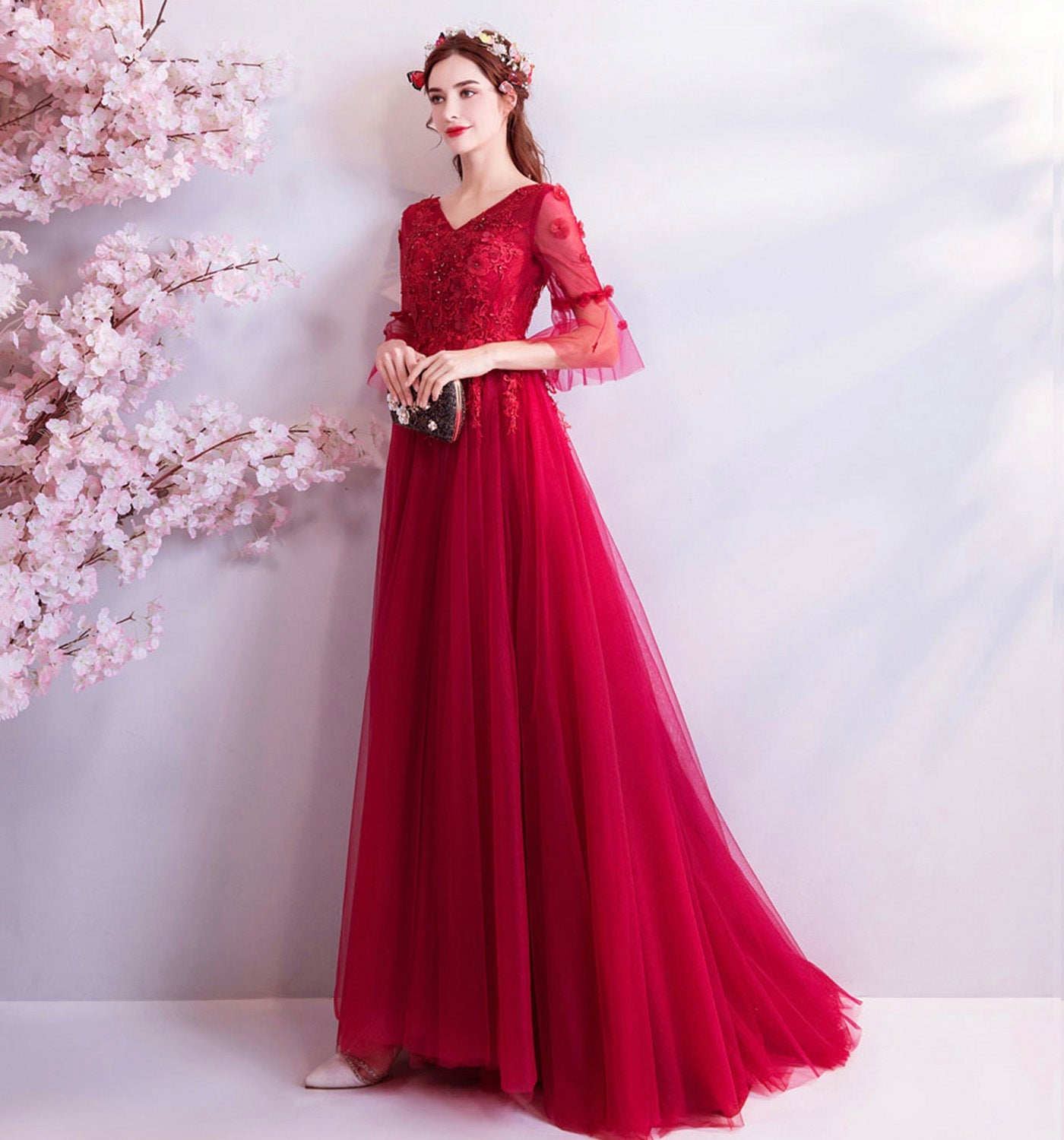 Red v neck lace long prom dress A line evening gown  8934