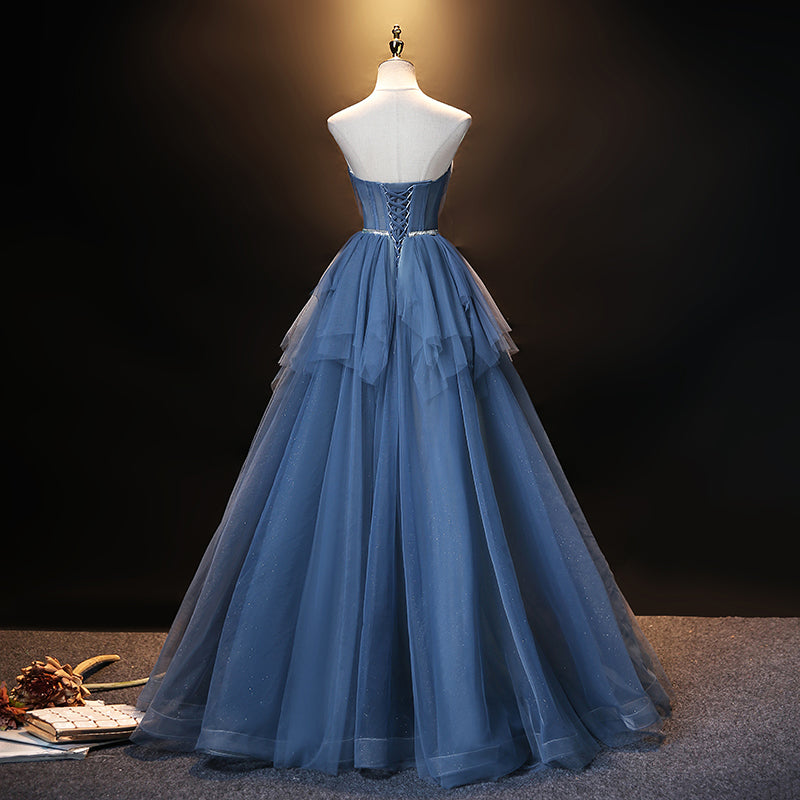 Blue tulle long A line prom dress blue evening dress  8909