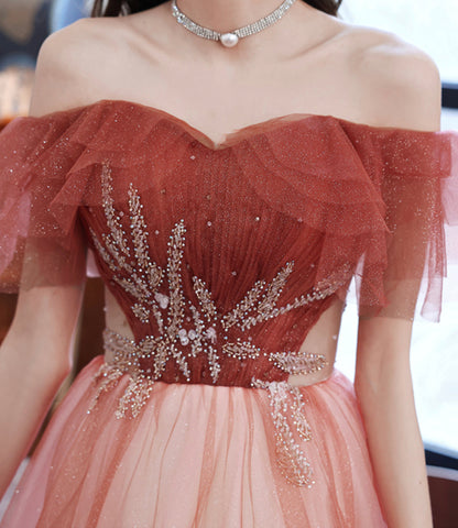 Burgundy tulle long A line prom dress evening dress  8920