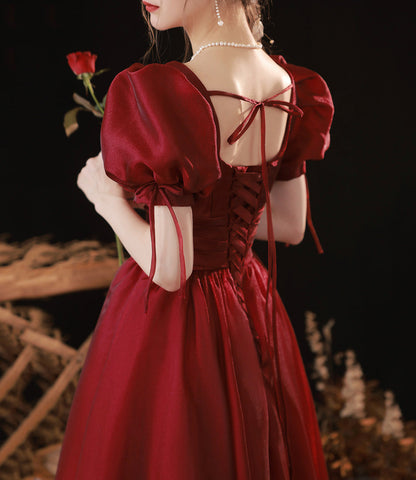 Burgundy v neck long prom dress A line evening gown  8937