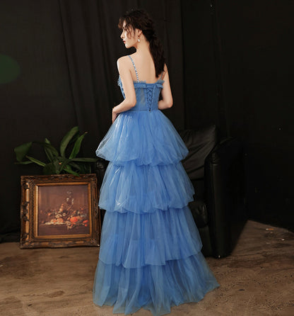 Blue tulle long A line prom dress blue evening dress  8906